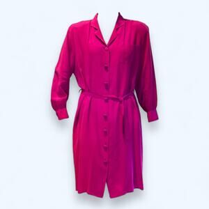 Vintage 80s BAltman Co Fuschia Pink Silk Romantic Classy Shirt Dress Size Medium